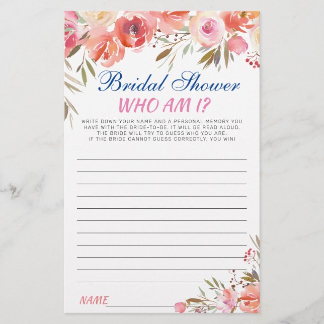 Lámina Sweet Rubor Floral Who Am I Bridal Shower Game (Anverso)