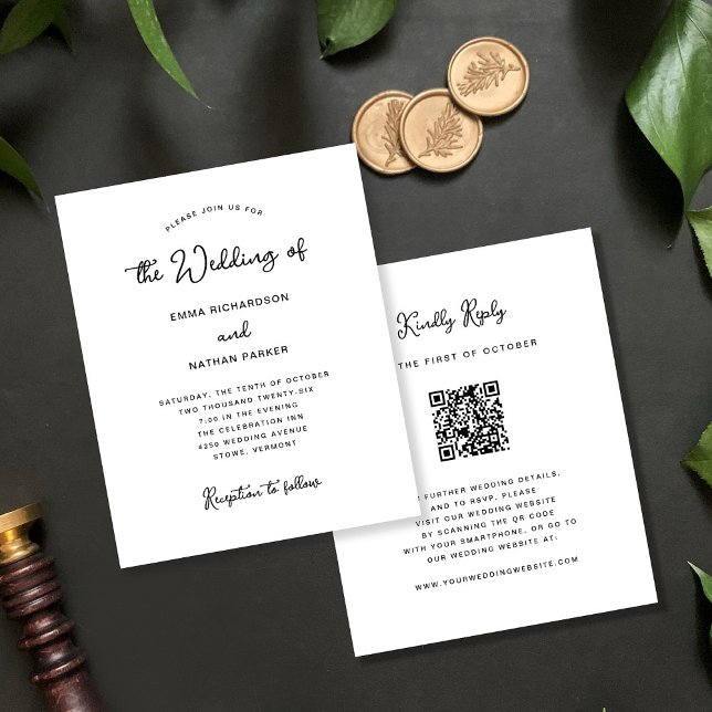 Lámina Sweet Whimsical | Código QR Boda de presupuesto RS (An elegant, black and white budget wedding invitation with scannable QR code to rsvp)