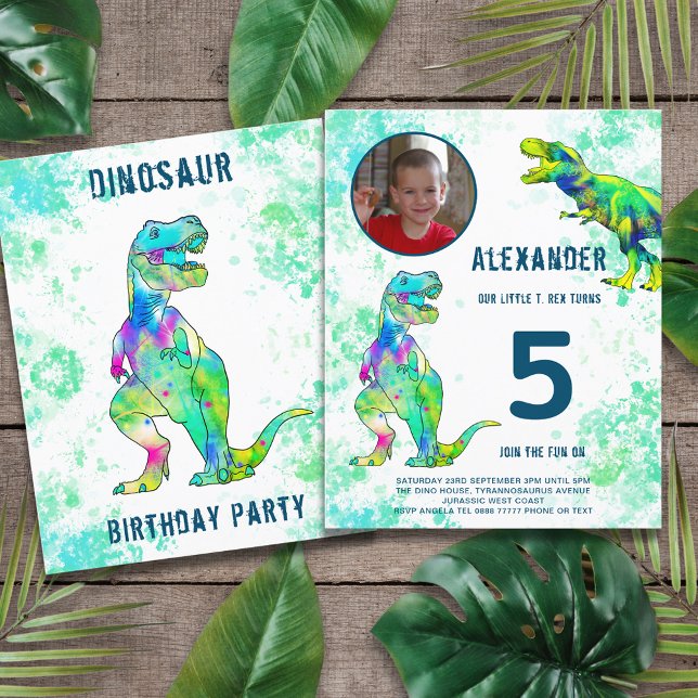 Lámina T-Rex Presupuesto del Partido de Cumpleaños 5 (Dinosaur T-Rex jungle 5th birthday party budget invitation with photo template green)