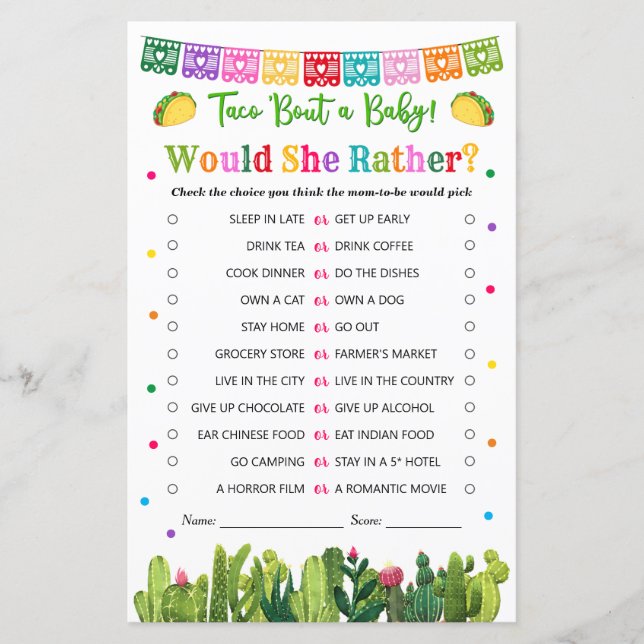 Lámina Taco Baby Shower Would She Rather Game Cacti theme (Anverso)