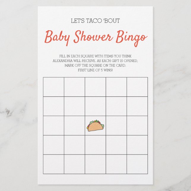 Lámina Taco Bout Baby Shower Bingo Game (Anverso)
