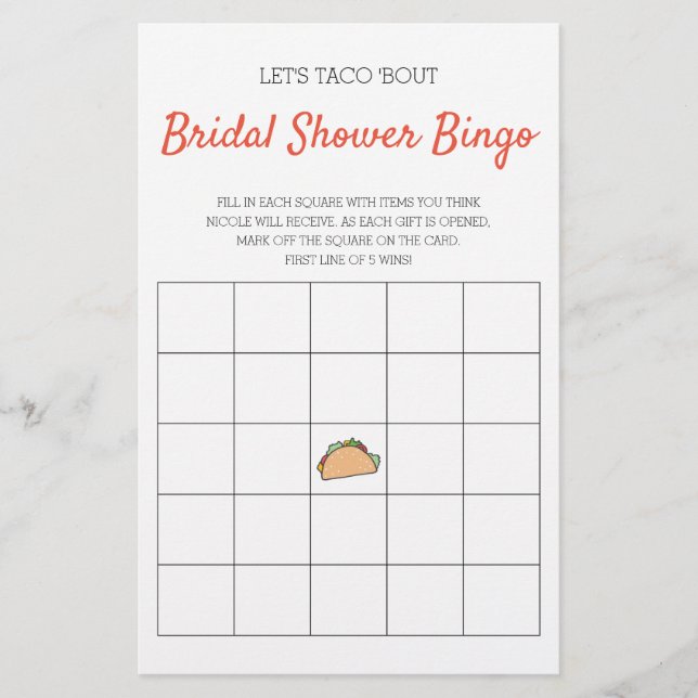 Lámina Taco 'Bout Bridal Shower Bingo Juego (Anverso)