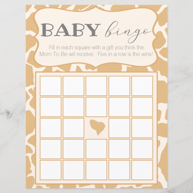 Lámina Tan Baby Boy Giraffe Baby Bingo (Anverso)
