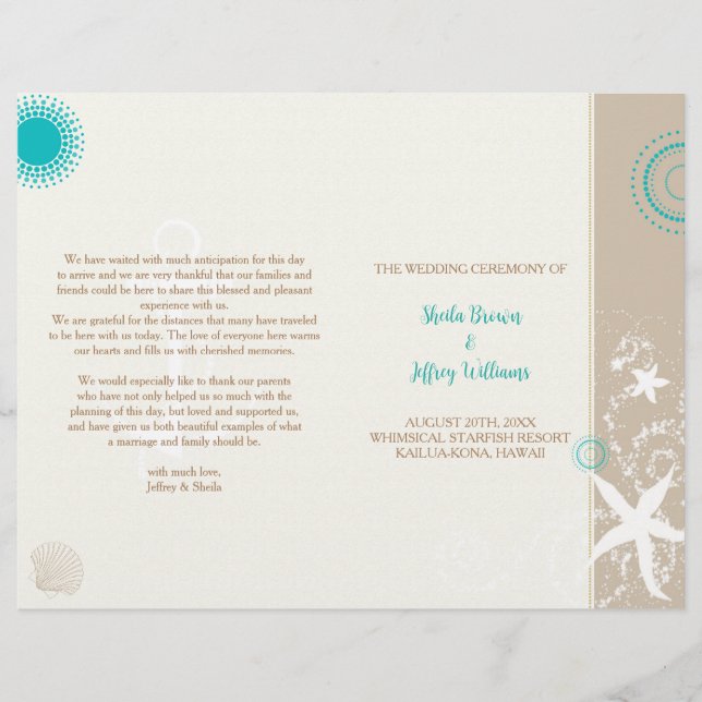 Lámina Tan Ivory Aqua Beach Wedding BiFold Program (Anverso)