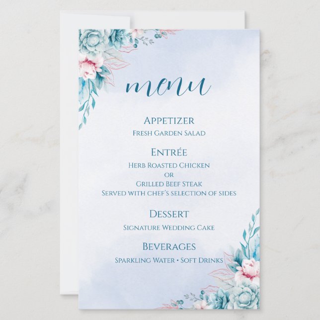 Lámina tarjeta+de+programa+de+boda diseño+floral+azul+cer (Anverso)