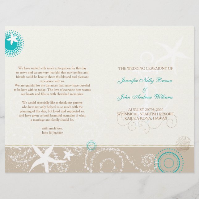 Lámina Taupe Ivory Aqua Beach Wedding Bi Fold Program (Anverso)