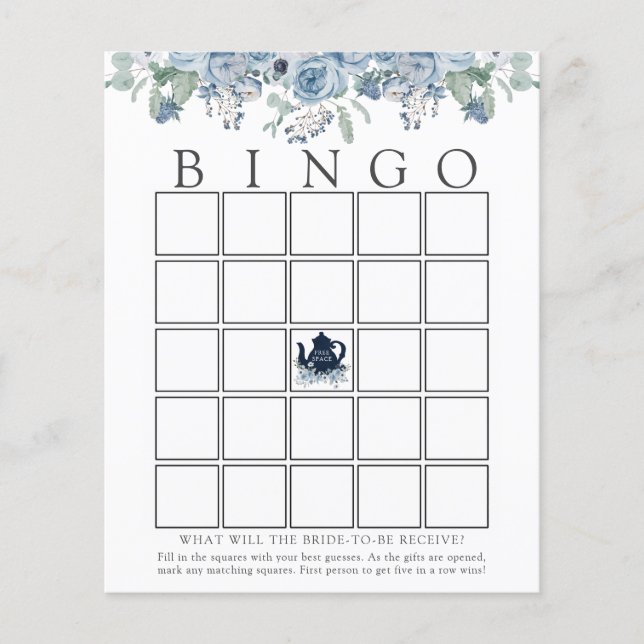 Lámina Tea Fiesta Blue Floral Bridal Bingo Game Card (Anverso)