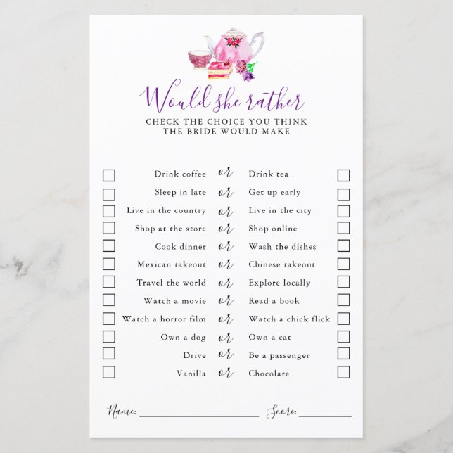 Lámina Tea Fiesta Bridal Shower preferiría jugar (Anverso)