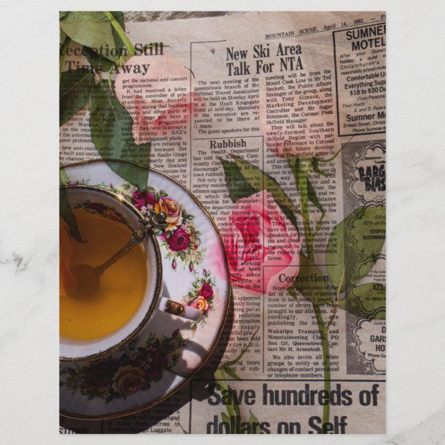 Lámina Tea old handwritting paper and pink roses (Anverso)
