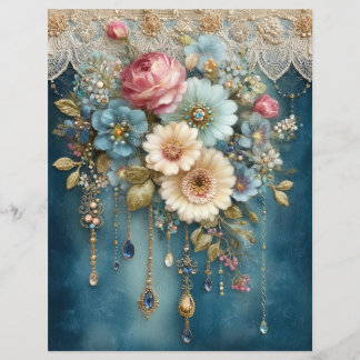 Lámina Teal Blue Flower Gems Junk Journal Scrapbook Paper