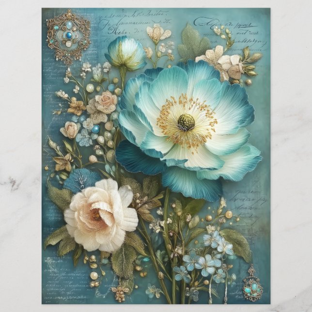 Lámina Teal Turquoise Flower Junk Journal Scrapbook Paper (Anverso)