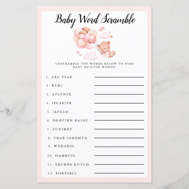 Lámina Teddy Baby Shower Pink Baby Word Scramble Game (Anverso)