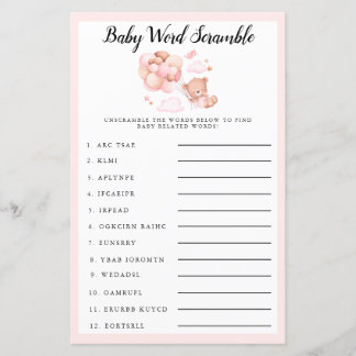 Lámina Teddy Baby Shower Pink Baby Word Scramble Game