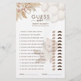 Lámina Teddy Bear adivina quién es el juego de Baby Showe