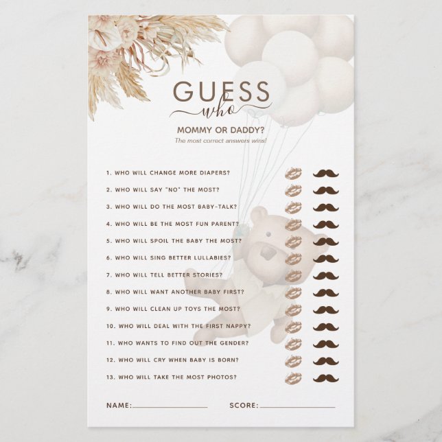 Lámina Teddy Bear adivina quién es el juego de Baby Showe (Anverso)