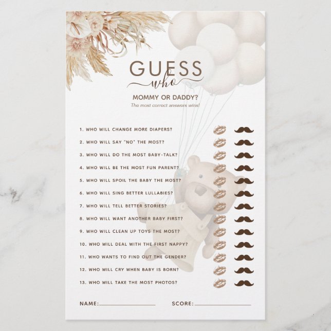 Lámina Teddy Bear adivina quién es el juego de Baby Showe (Anverso)