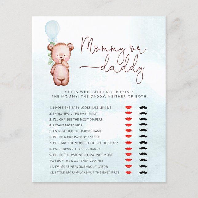 Lámina Teddy Bear adivina quién lo dijo, mamá o papá jueg (Anverso)