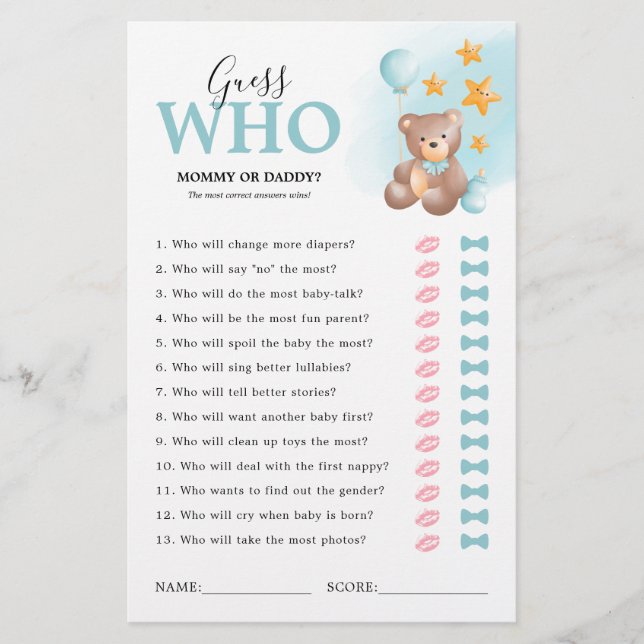 Lámina Teddy Bear adivinando el juego de Baby Shower (Anverso)