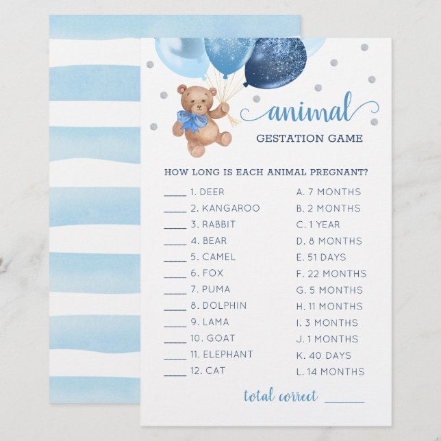 Lámina Teddy Bear Animal GestGame Baby Shower (Anverso / Reverso)