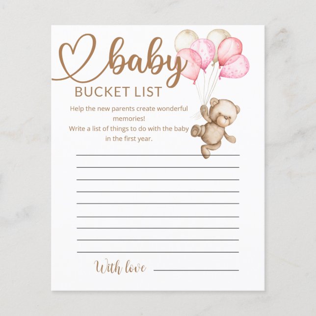 Lámina Teddy Bear Baby Bear Baby Shower Bucket List (Anverso)