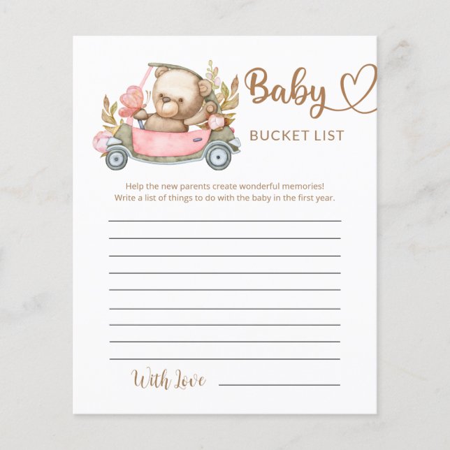 Lámina Teddy Bear Baby Bear Baby Shower Bucket List (Anverso)