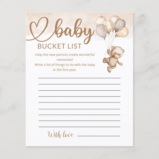 Lámina Teddy Bear Baby Bear Baby Shower Bucket List (Anverso)