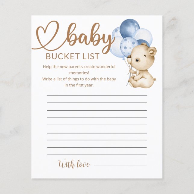 Lámina Teddy Bear Baby Bear Baby Shower Bucket List (Anverso)