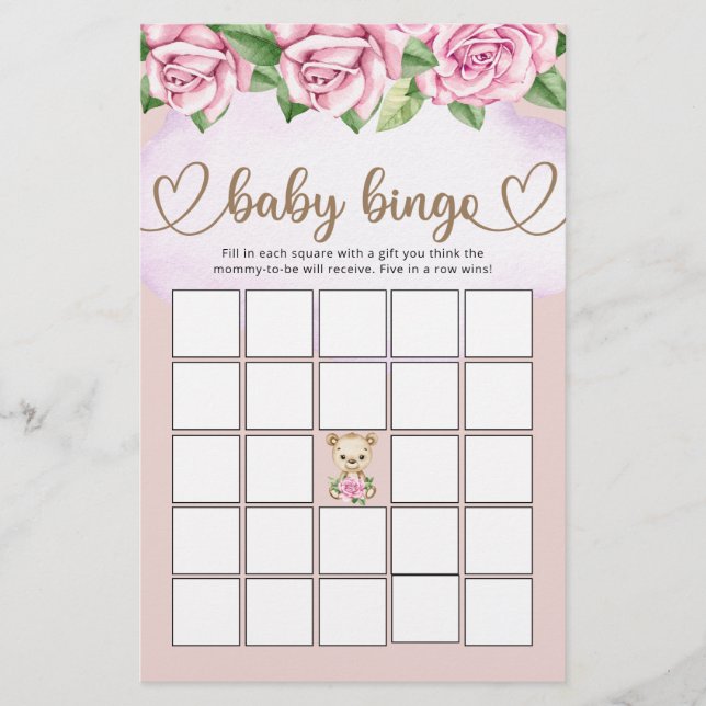 Lámina Teddy Bear Baby Bear Chica Baby Shower Bingo Juego (Anverso)
