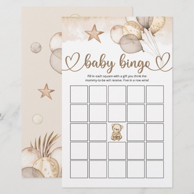 Lámina Teddy Bear Baby Bear Juego de Bingo Baby Shower (Anverso / Reverso)