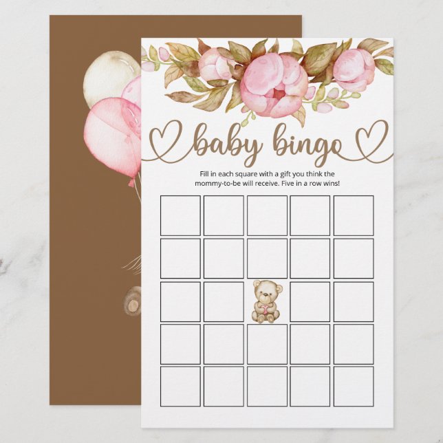 Lámina Teddy Bear Baby Bear Juego de Bingo Baby Shower (Anverso / Reverso)
