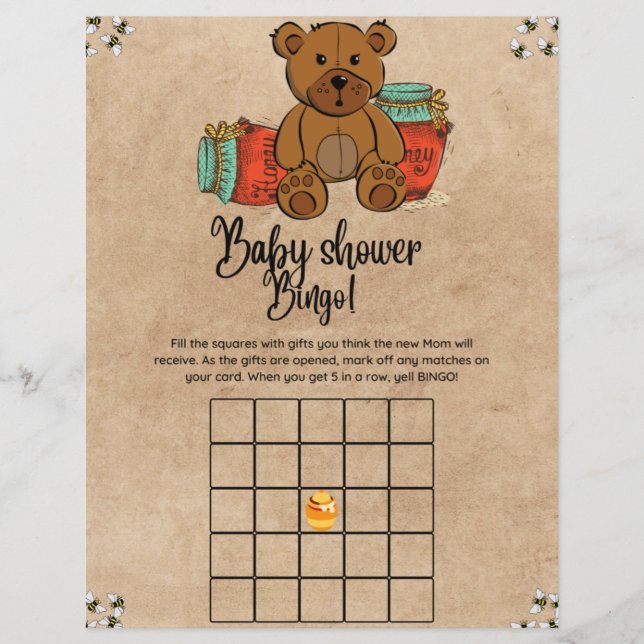 Lámina Teddy Bear Baby Bingo Juego de Baby Shower (Anverso)