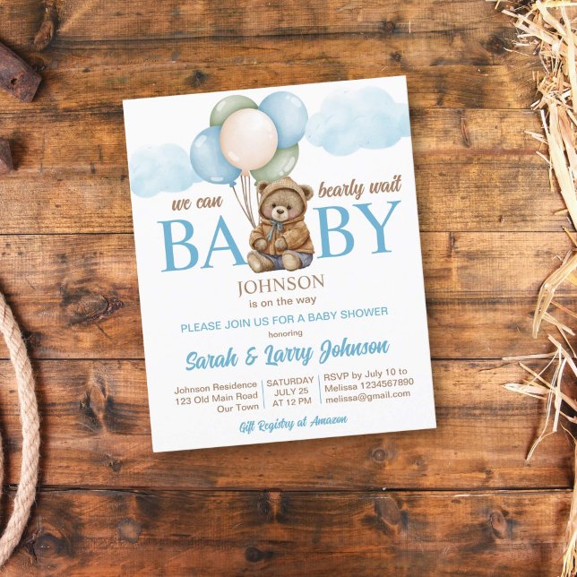 Lámina Teddy bear baby ducha presupuesto invitar a espera (Teddy bear with balloons baby shower budget invitation template cute teddy with balloons brown blue)