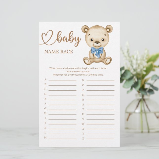 Lámina Teddy Bear Baby Shower Baby Name Race Game (Anverso de pie)