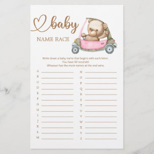 Lámina Teddy Bear Baby Shower Baby Name Race Game