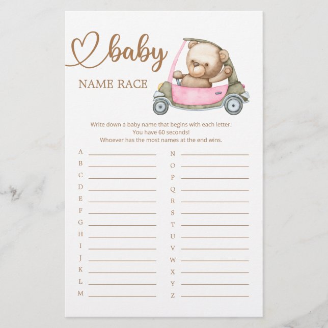 Lámina Teddy Bear Baby Shower Baby Name Race Game (Anverso)