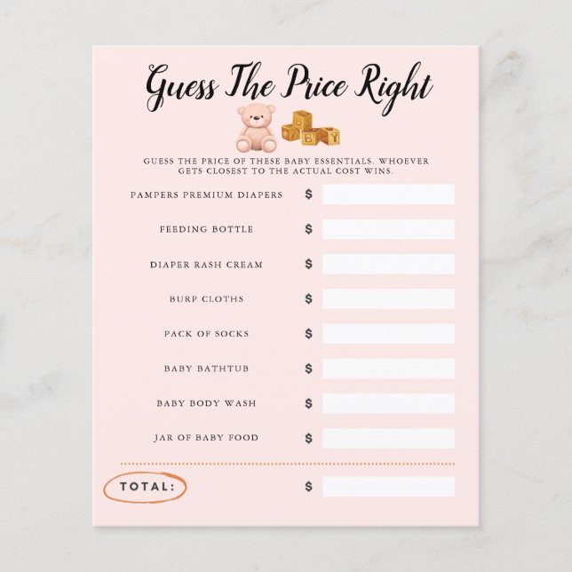 Lámina Teddy Bear Baby Shower Pink Game Adivina El Precio (Anverso)