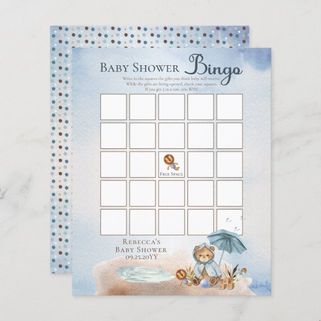 Lámina Teddy Bear Bearly Wait Boy Baby Shower Bingo Invi (Anverso / Reverso)