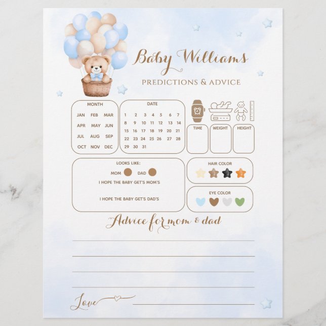 Lámina Teddy Bear Blue Balloon Baby Boy Guidance Game (Anverso)