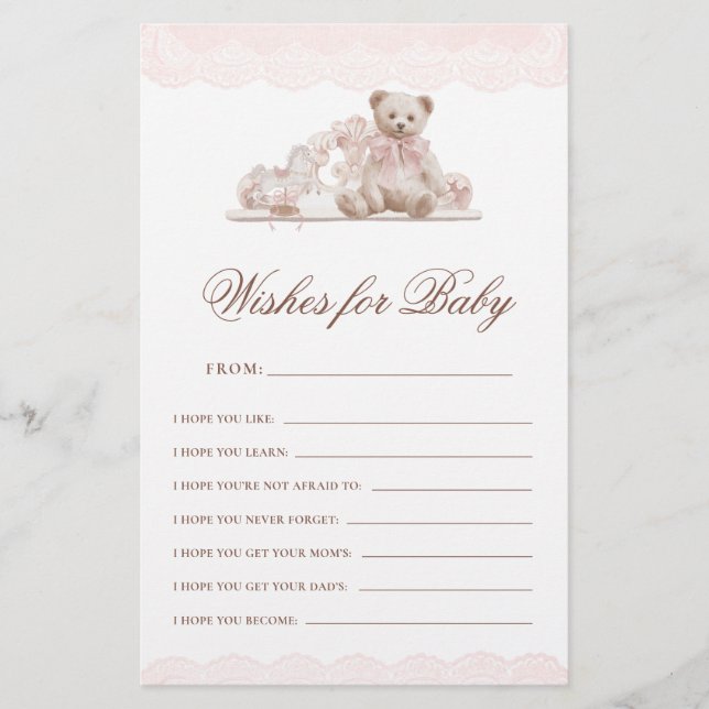 Lámina Teddy Bear Bow Wishes For Baby Advice Game Card (Anverso)