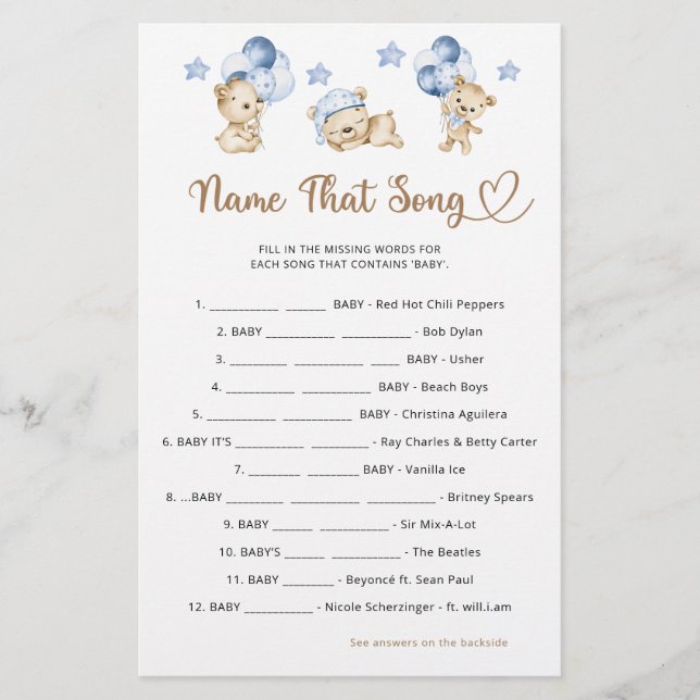 Lámina Teddy bear boy baby ducha Nombre esa canción (Anverso)