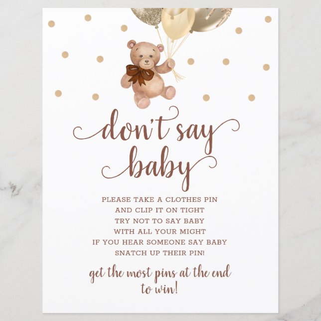 Lámina Teddy Bear Brown Y Gold No Dicen Juego De Bebé (Anverso)