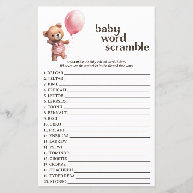Lámina Teddy Bear Chica Baby Shower Word Scramble Game (Anverso)