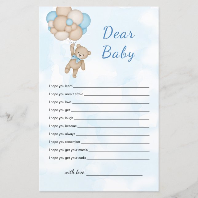 Lámina Teddy Bear Dear Baby Wishes for baby (Anverso)
