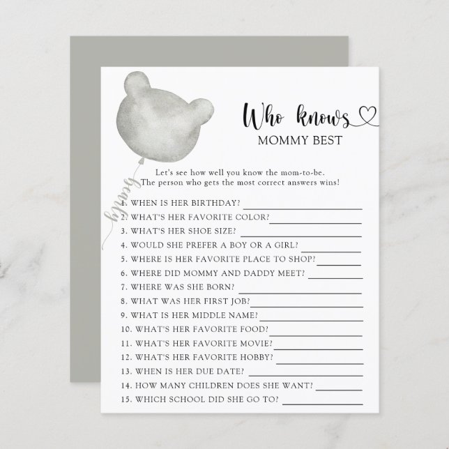 Lámina Teddy Bear ducha de bebé, quién conoce mejor a mam (Anverso / Reverso)