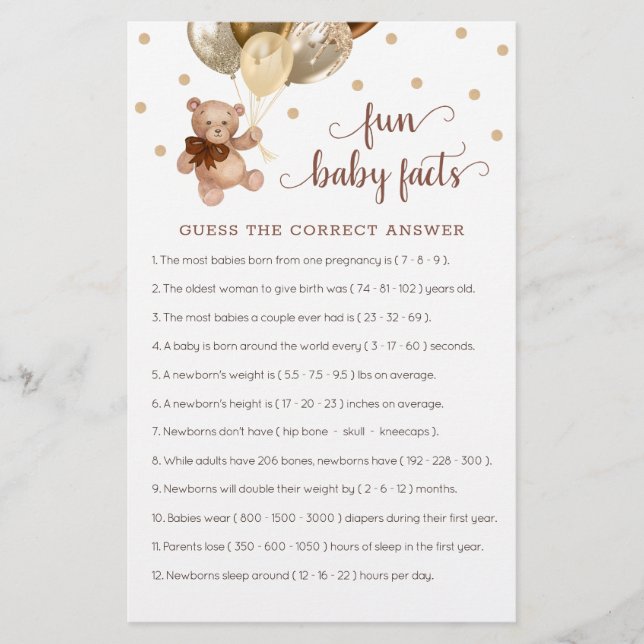 Lámina Teddy Bear Fun Baby Facts Baby Shower Game (Anverso)