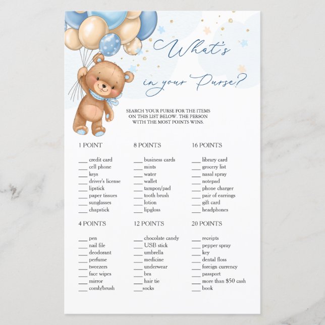 Lámina Teddy Bear globos azules ¿Qué hay en tu juego de b (Anverso)