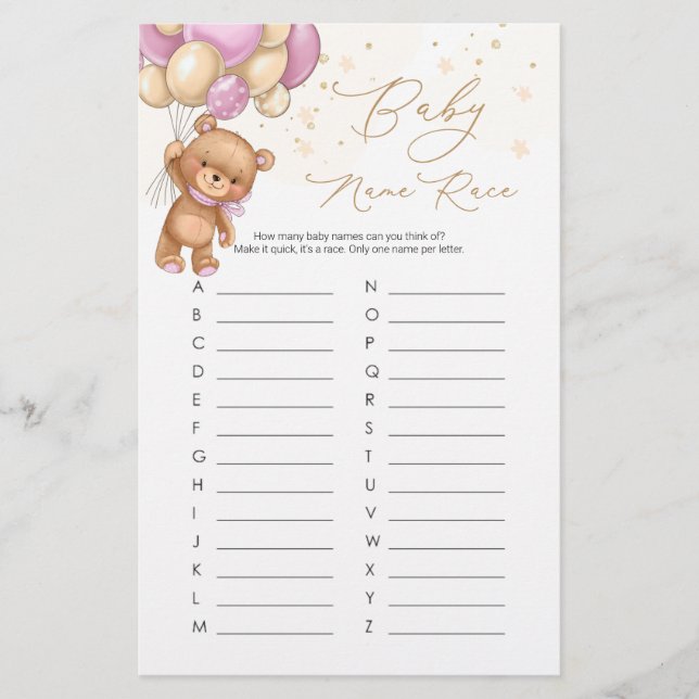 Lámina Teddy Bear Globos rosados Nombra Raza (Anverso)