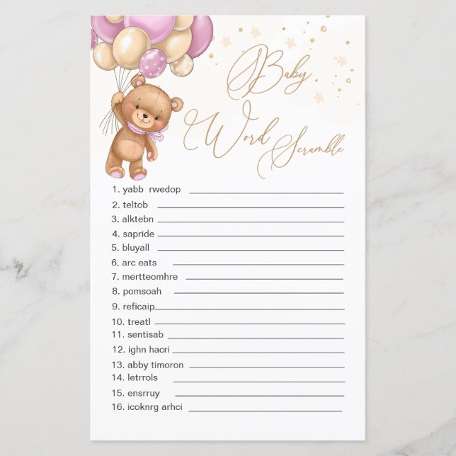 Lámina Teddy Bear Globos rosados Palabra Juego de Cramble (Anverso)