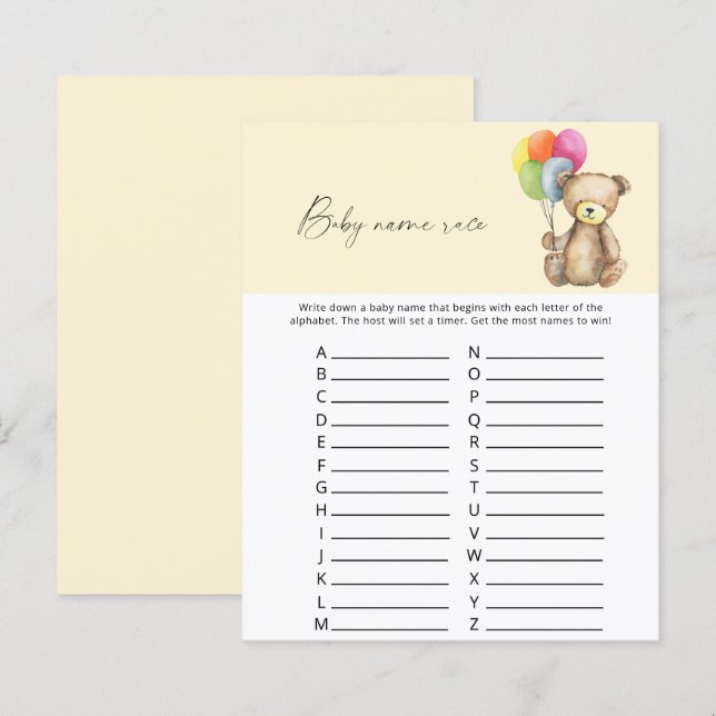 Lámina Teddy Bear - Juego de carreras de nombres de bebé (Anverso / Reverso)