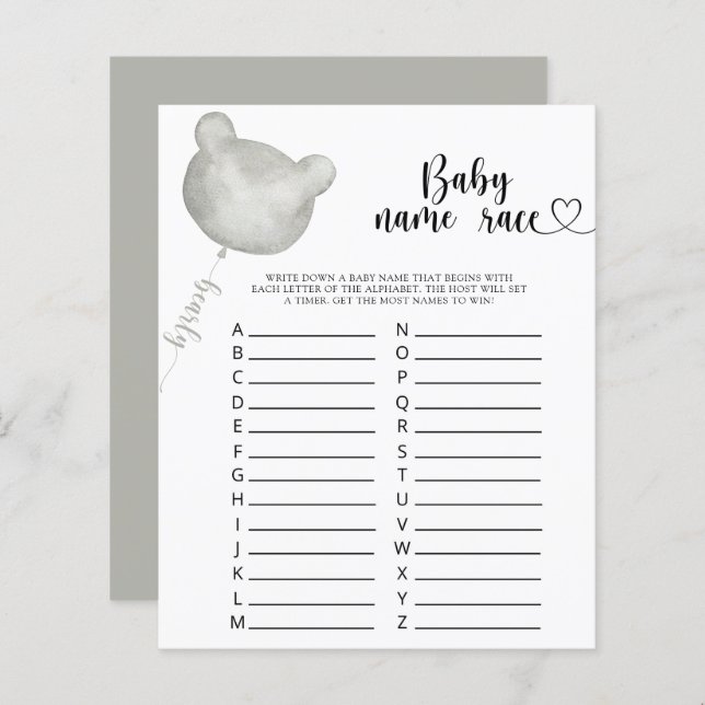 Lámina Teddy Bear Nombre juego de carreras (Anverso / Reverso)